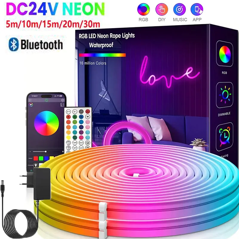 Tira de Luces LED RGB Neon 3535 con Enchufe Europeo DC24V, 5/10/15/20/30M, Sincronización de Música por Bluetooth, Resistente al Agua, para Decoración Interior y Exterior