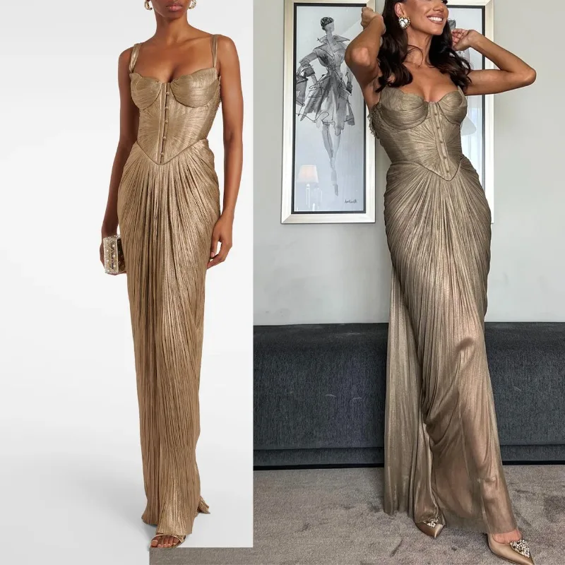 Nuevo Vestido Largo Dorado Sexy con Cuello en V para Mujer, Elegante Vestido de Cintura Alta con Cordones, Drapeado, Delgado, con Tirantes, Sin Mangas, Espalda Descubierta, para Fiesta