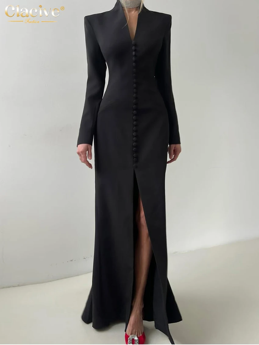 Clacive-vestido blanco ajustado para mujer, moda 2021, cuello en V, manga larga, hasta el tobillo, elegante, clásico, con abertura, para mujer
