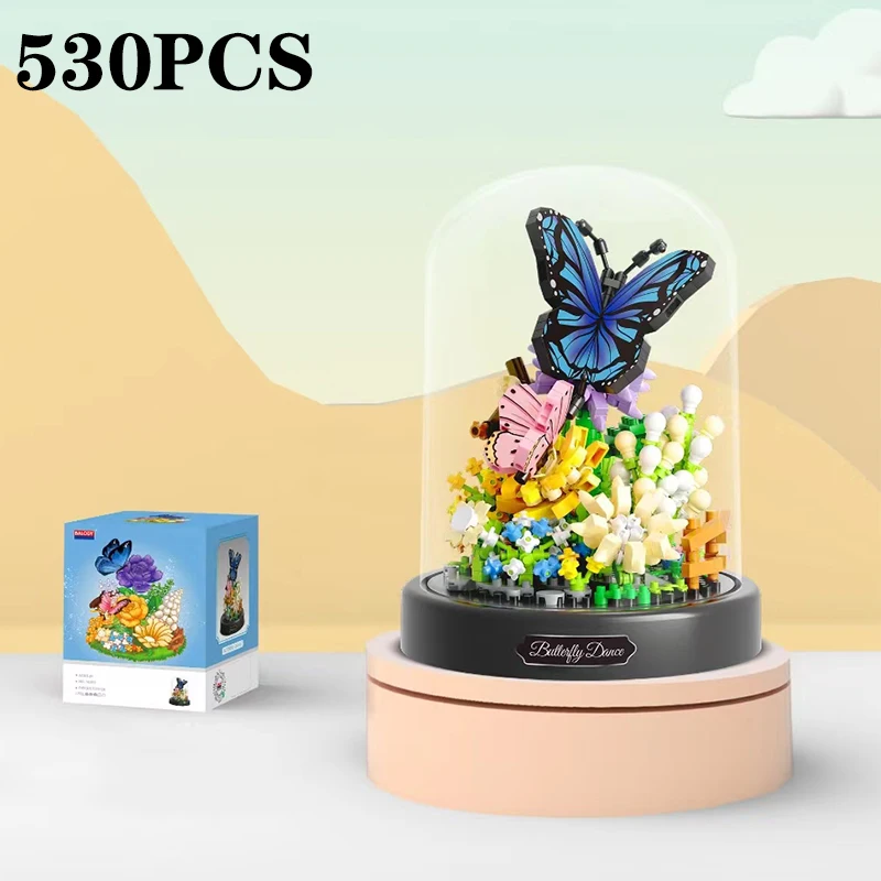 Bloques de Construcción de Bonsái de Flores y Mariposas, Modelo de Planta en Maceta con Cubierta Antipolvo, Juguete Educativo DIY, Regalo Navideño