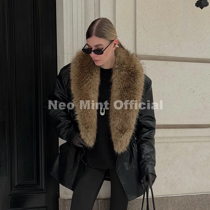 Abrigo Largo de Cuero Sintético Negro de Diseño de Moda de Marca de Lujo Neo Mint para Mujer, Chaqueta de Cuero PU Extra Grande con Cuello de Piel Desmontable