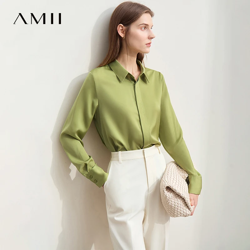 Amii Top minimalista para mujer, camisa de color liso, satén ligero y suave, estilo adelgazante para el lugar de trabajo, camisa francesa para mujer 12521085