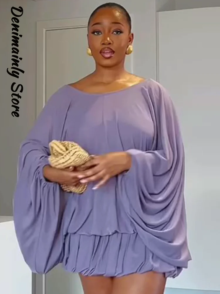 Vestido Mini Boho con Cordones para Mujer, Cuello Redondo Holgado, Manga Murciélago Plisada, Vestidos sin Espalda, Túnica de Fiesta para Vacaciones de Verano 2026