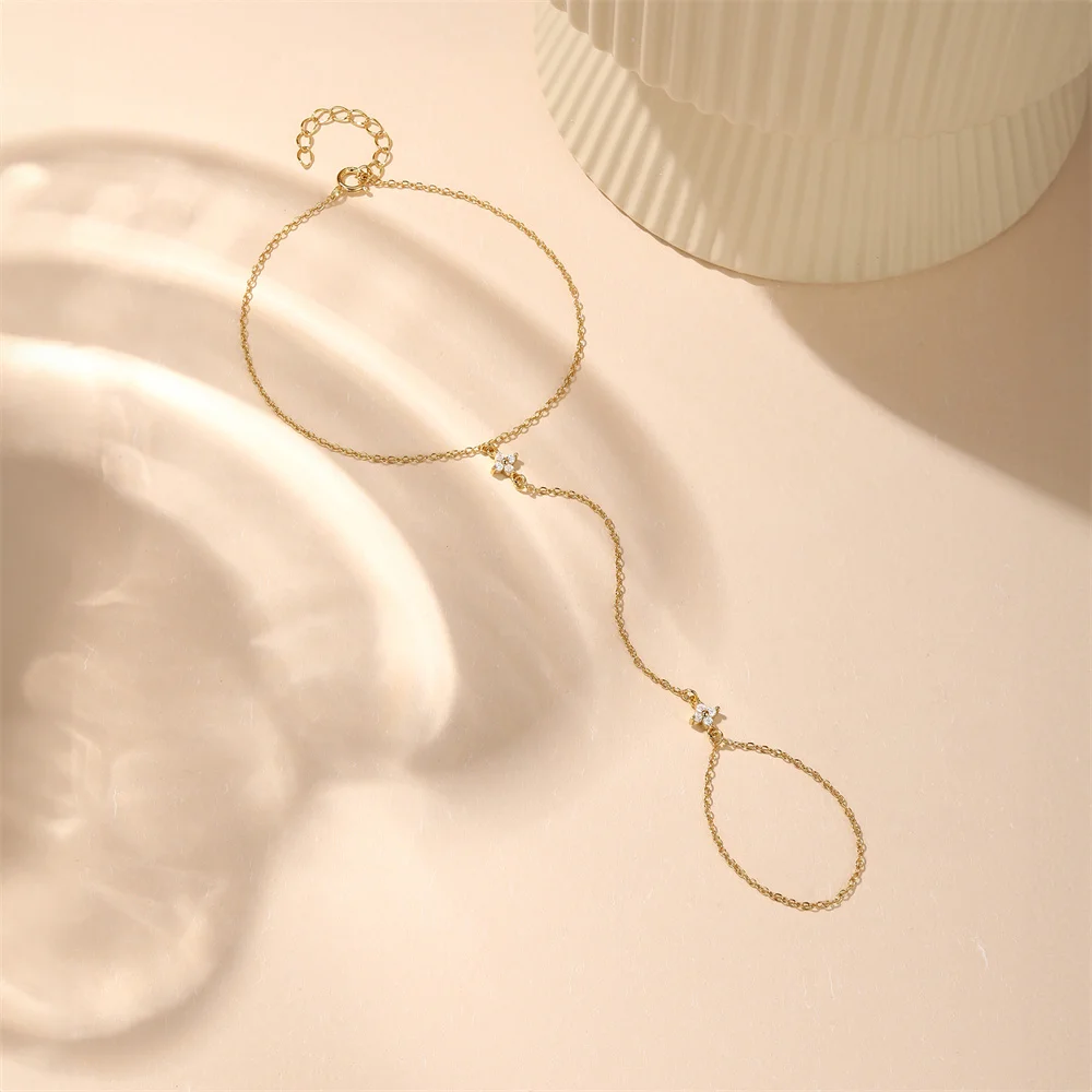 CANNER Pulsera de Cadena con Anillo de Dedo de Plata de Ley 925 con Flor y Trébol de Circonita para Mujer, Cadena de Mano Estilo Ins, Joyería Ojo de Caballo, Regalo para Fiesta