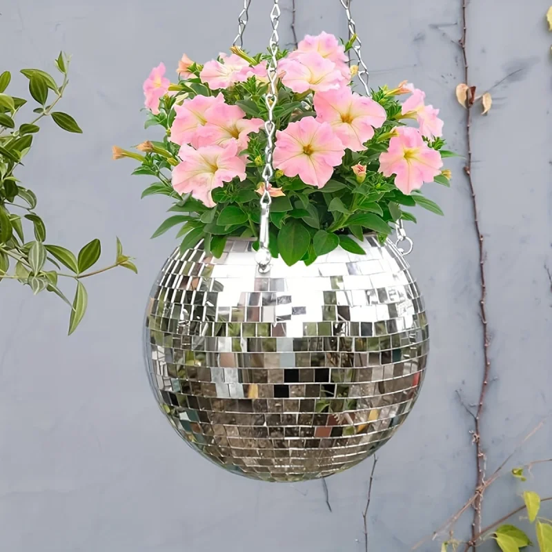 Macetero de bolas de espejo de discoteca colgante de inspiración bohemia, único, hecho a mano, autorriego, ahorro de espacio, decoración elegante para el hogar, 1 ud.