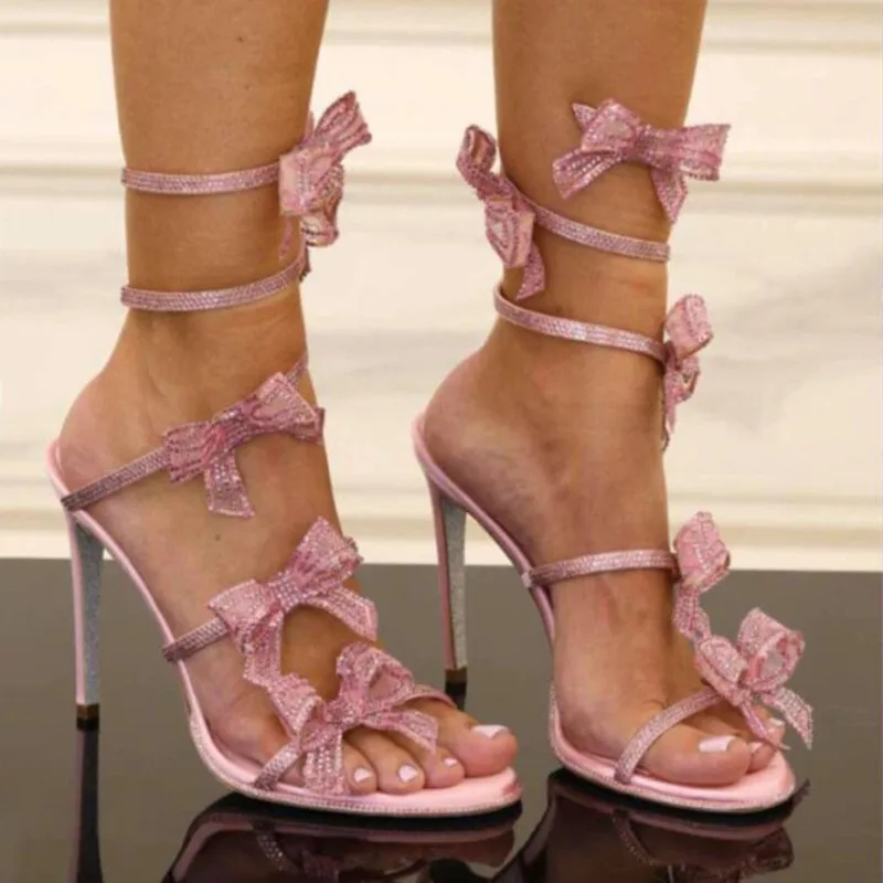 Sandalias de gladiador de lujo con lazo de malla y diamantes de imitación para mujer, zapatos sexys de banda estrecha y tacones altos finos, zapatos de fiesta de boda de verano