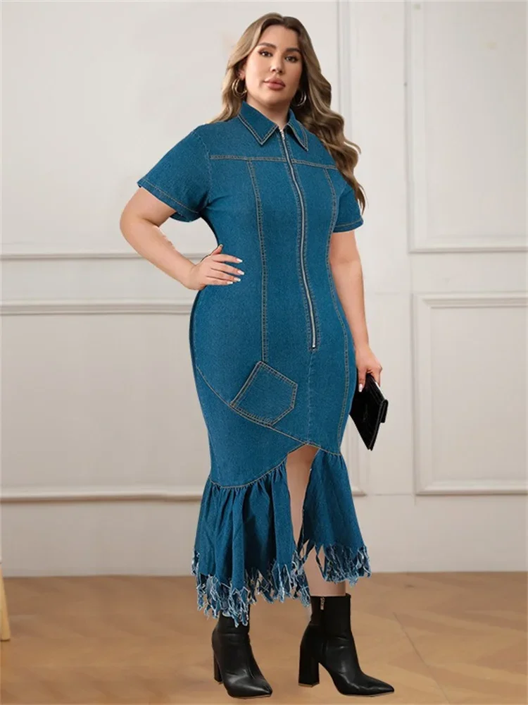 Wmstar Denim vestidos de talla grande para mujer verano sólido cremallera dobladillo con borlas moda elegante Maxi vestido venta al por mayor Dropshipping 2024