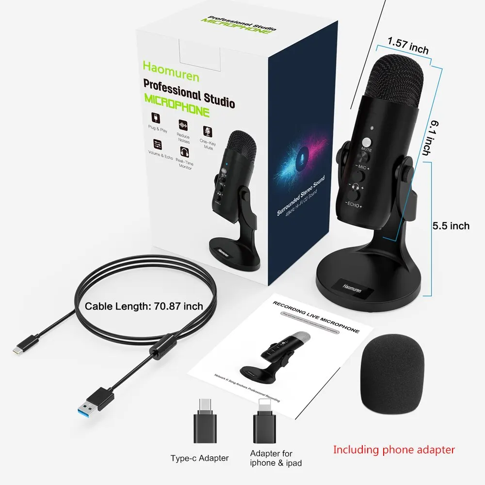 Haomuren Micrófono USB para PC Mac Grabación de juegos Streaming Podcast, Micrófono de condensador de computadora con adaptador de teléfono Salida de auriculares