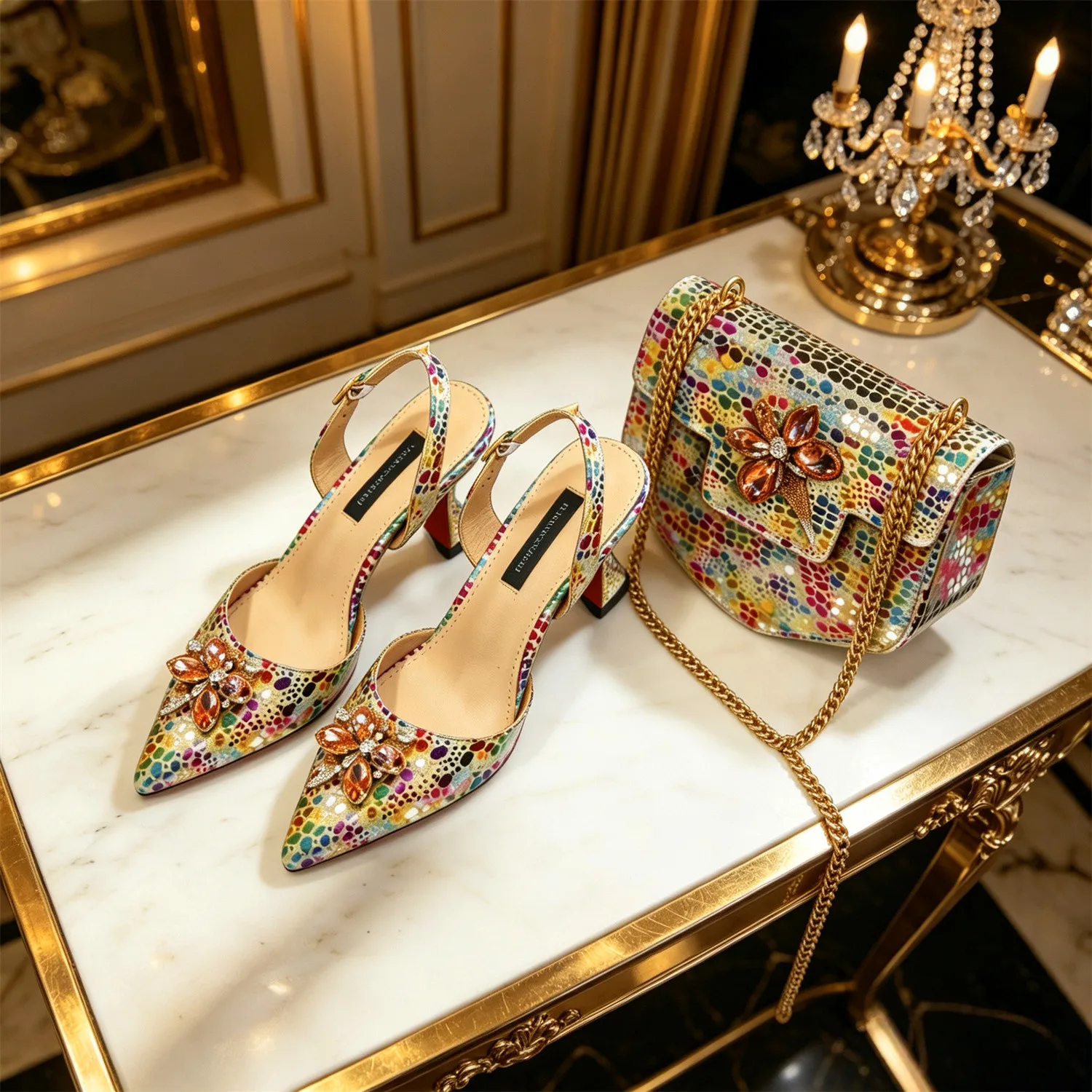 Conjunto de Tacones Elegantes con Pedrería y Bolso a Juego Venus Chan, Tacones de Bloque con Punta en Pico y Estampado Colorido para Banquetes y Salidas Nocturnas