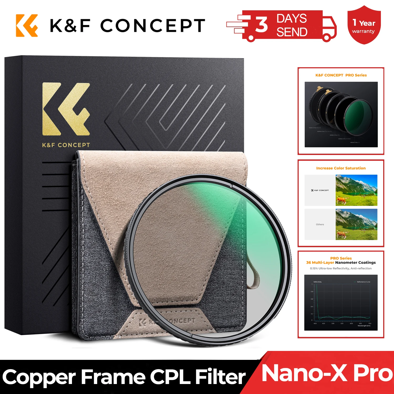 Filtro CPL K&F CONCEPT HD Ultrafino con Marco de Cobre, Película Verde Anti-Reflejos de 36 Capas, Serie Nano-X PRO, 67mm 72mm 77mm 82mm 95mm