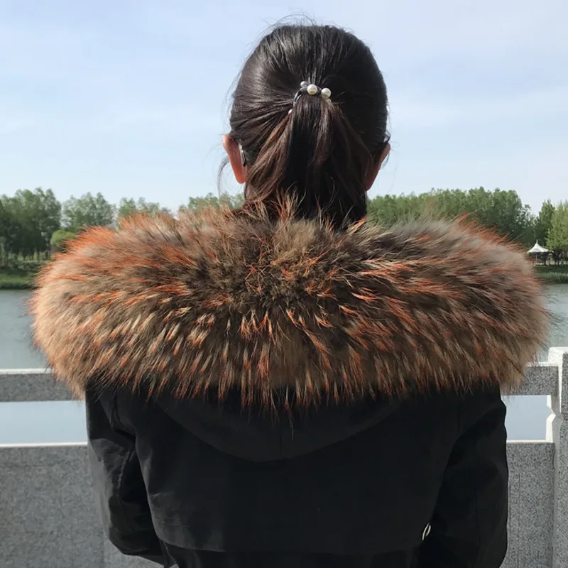 Cuello de piel de mapache auténtica para mujer, Sudadera con capucha de piel Natural cálida para invierno, decoración, chal auténtico para abrigo, chaquetas, adornos para capucha