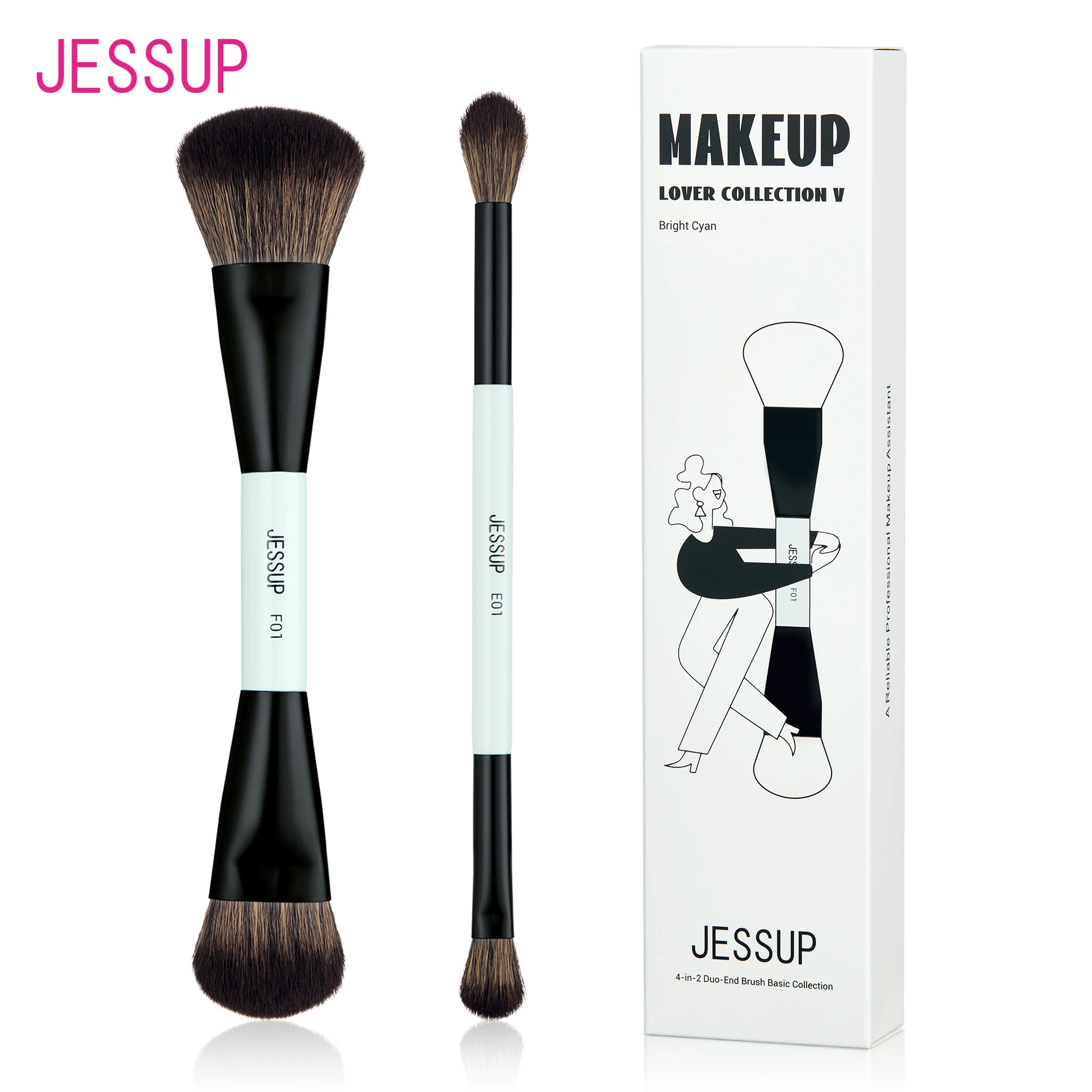 Jessup Juego de 2 brochas de maquillaje de doble cara, kit de brochas profesionales para base, contorno, colorete, sombra de ojos y difuminado T502