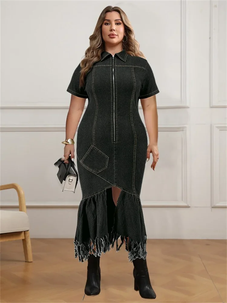 Wmstar Denim vestidos de talla grande para mujer verano sólido cremallera dobladillo con borlas moda elegante Maxi vestido venta al por mayor Dropshipping 2024
