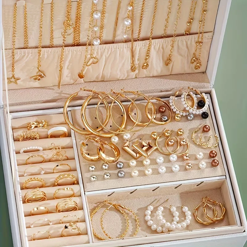 Juego de 86 piezas de joyería de moda para mujer, con perlas, aleación, aretes, collares, anillos, pulseras apilables, estilo bohemio, para fiesta o uso diario, sin caja.