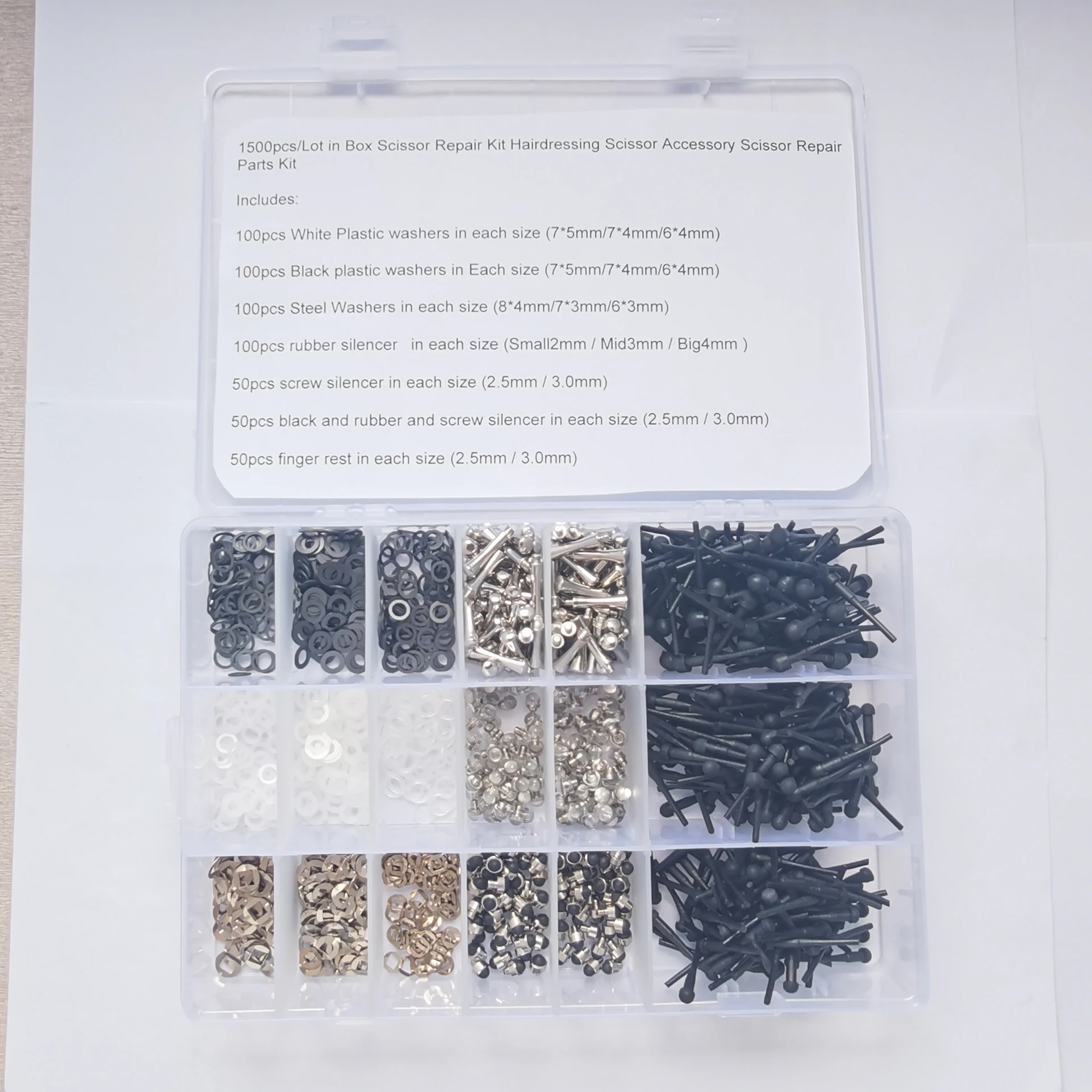 1500 piezas/lote de accesorios para tijeras de peluquería, kits de reparación que incluyen protectores/soportes para dedos/aranjes