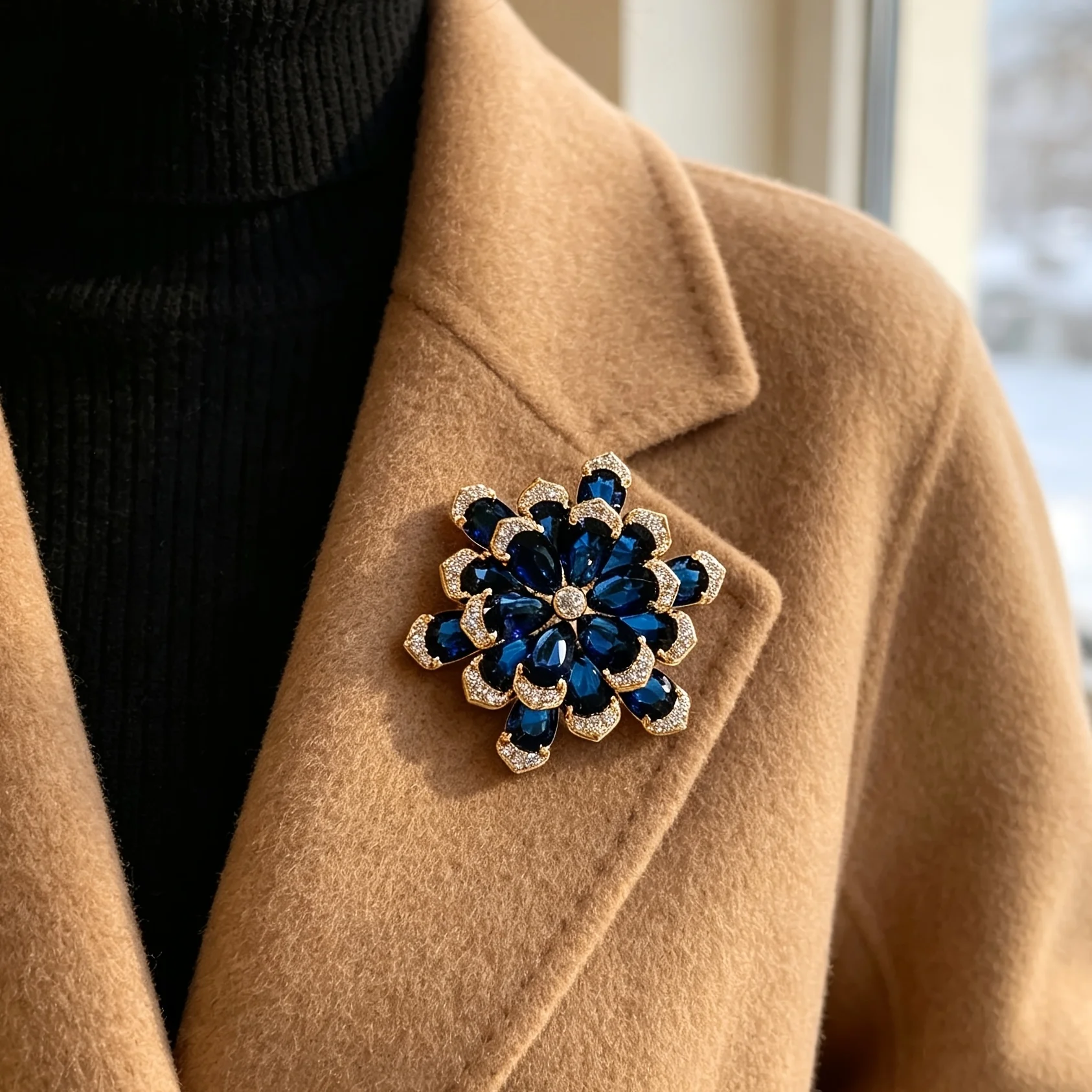 Broche de lujo azul con flores multicapa, pin de solapa con flor llena de pedrería, elegante pin para traje, abrigo y bufanda de mujer