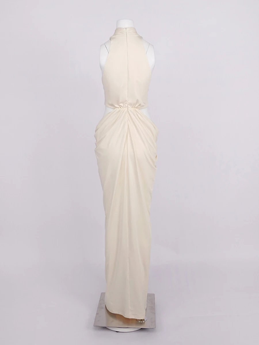 TWOTWINSTYLE, vestidos largos lisos ahuecados con nudo empalmado a la moda para mujer, vestido fruncido de retazos sin mangas con cuello alto para mujer