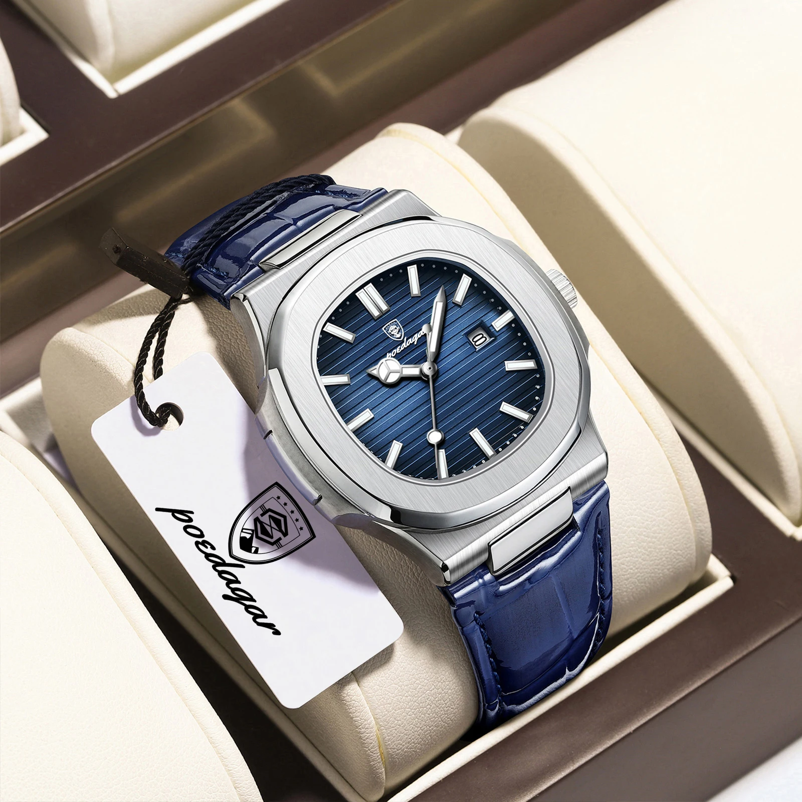 POEDAGAR Reloj cuadrado superior para hombre con fecha resistente al agua luminoso Reloj de pulsera de lujo para hombre relojes de cuarzo de cuero de alta calidad para hombre + Reloj con caja