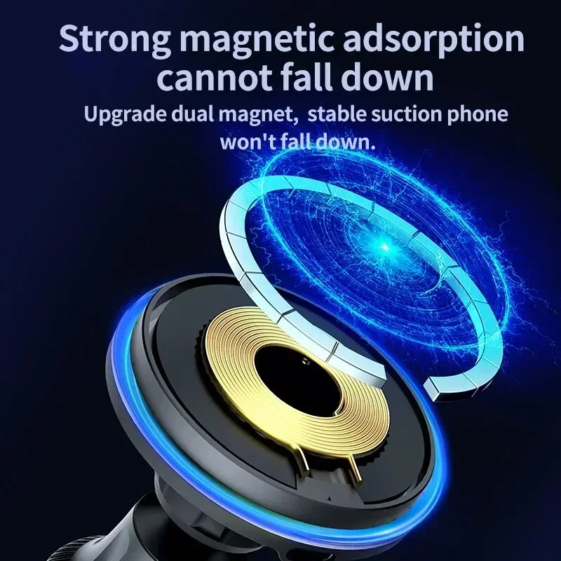 Cargador inalámbrico magnético RGB para coche, soporte para teléfono con función Macsafe para iPhone 13, 14, 15, 16, 17 Pro Max, estación de carga rápida