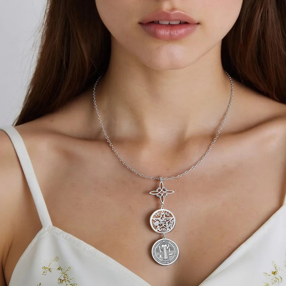Collar de triple protección con nudo de bruja, pentagrama, tetragrammaton, San Benito, amuleto con símbolo espiritual de acero inoxidable, joyería