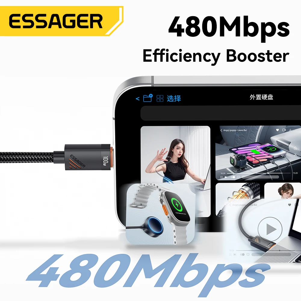 Essager Cable de carga USB C 3 en 1 de 100W para Apple iWatch iPhone 16/15/14/13 Pro con Cable de carga rápida Lightning tipo C