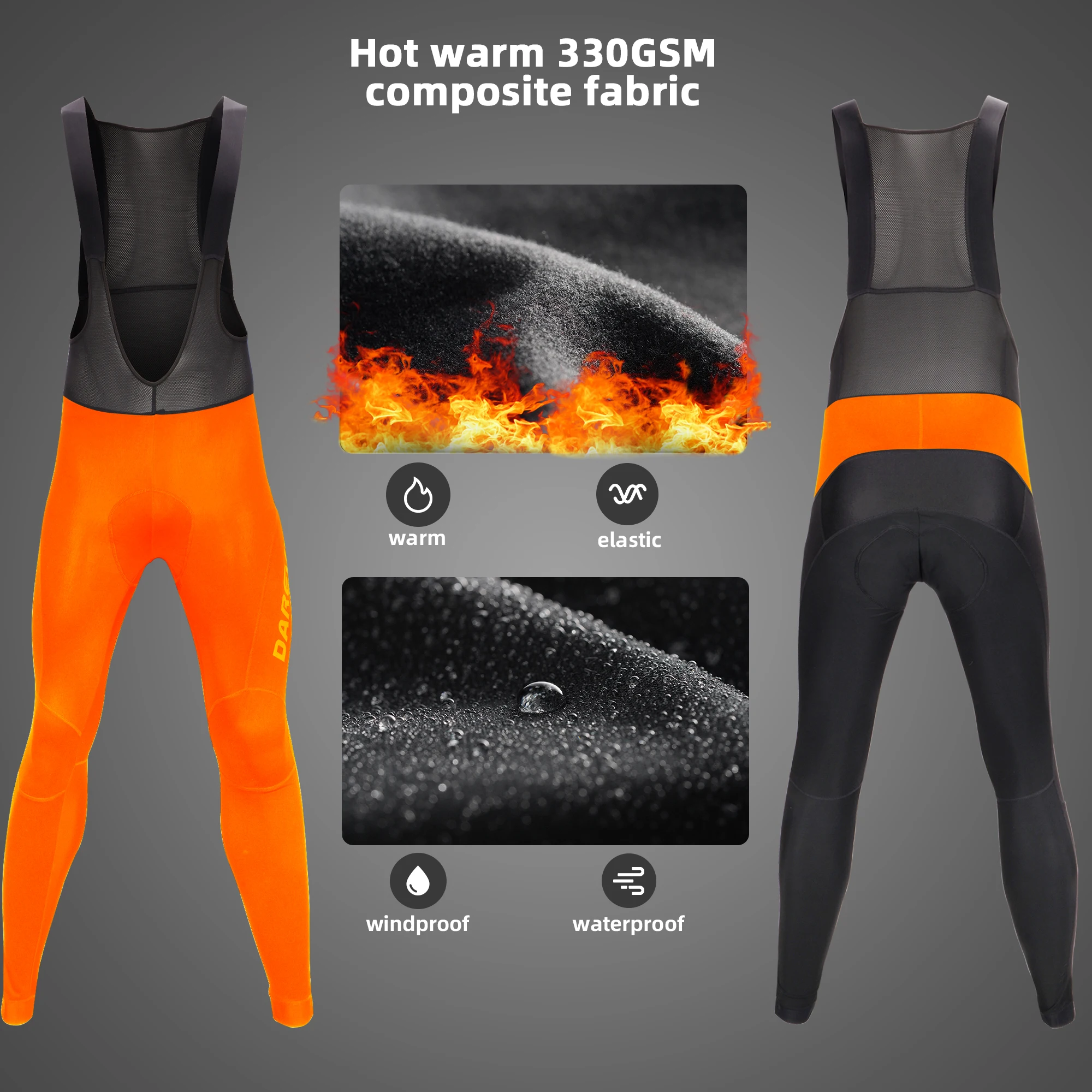 DAREVIE Culotte con tirantes de ciclismo Winter PRO Level Impermeable a prueba de viento Forro polar térmico Almohadilla de gel Pantalón de ciclismo Pantalones de ciclismo cálidos calientes