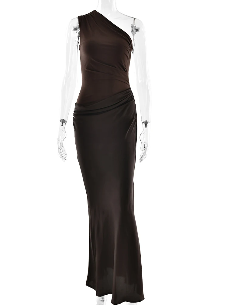 JULISSA MO Patchwork satén Sexy un hombro mujeres Maxi vestido marrón sin mangas vestido de noche verano ajustado elegante fiesta Clubwear
