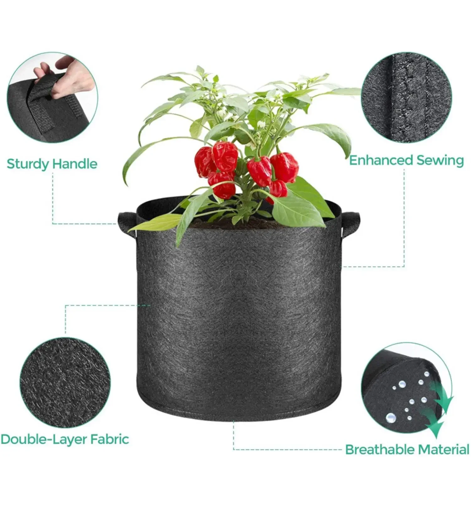 Paquete de 5 bolsas de cultivo/macetas de tela de navegación con asas (capacidades disponibles: 3 galones, 4 galones, 5 galones, 7 galones, 30 galones)