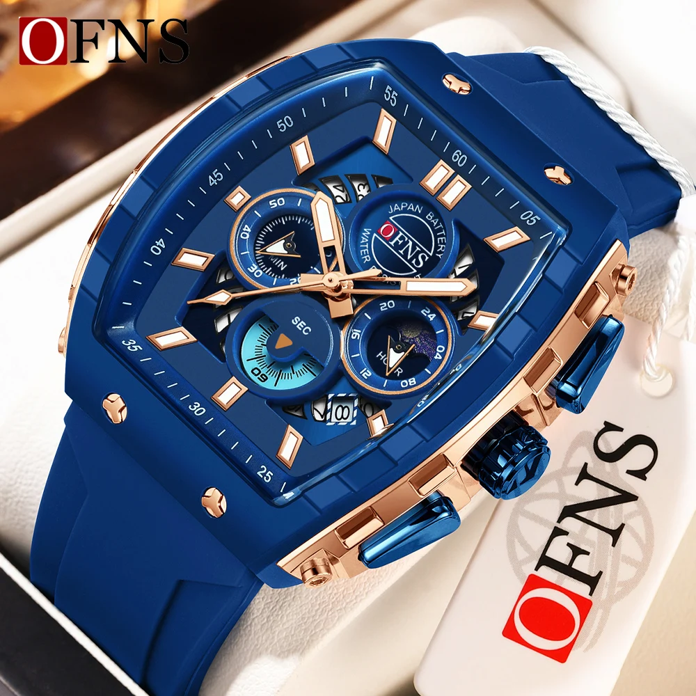 Relojes de cuarzo OFNS a la moda para hombre, cronógrafo luminoso resistente al agua, calendario, correa de silicona, reloj deportivo de lujo para exteriores para hombre