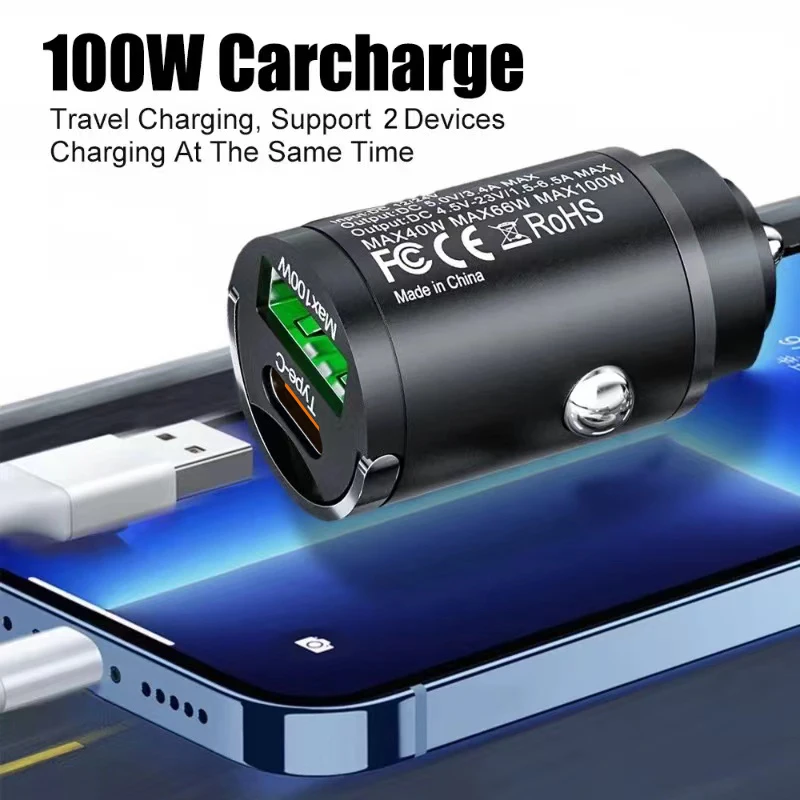 Cargador de coche USB PD de 100W, encendedor de carga rápida para iPhone QC3.0, adaptador de cargador de teléfono de coche USB tipo C para Xiaomi, Samsung y Huawei