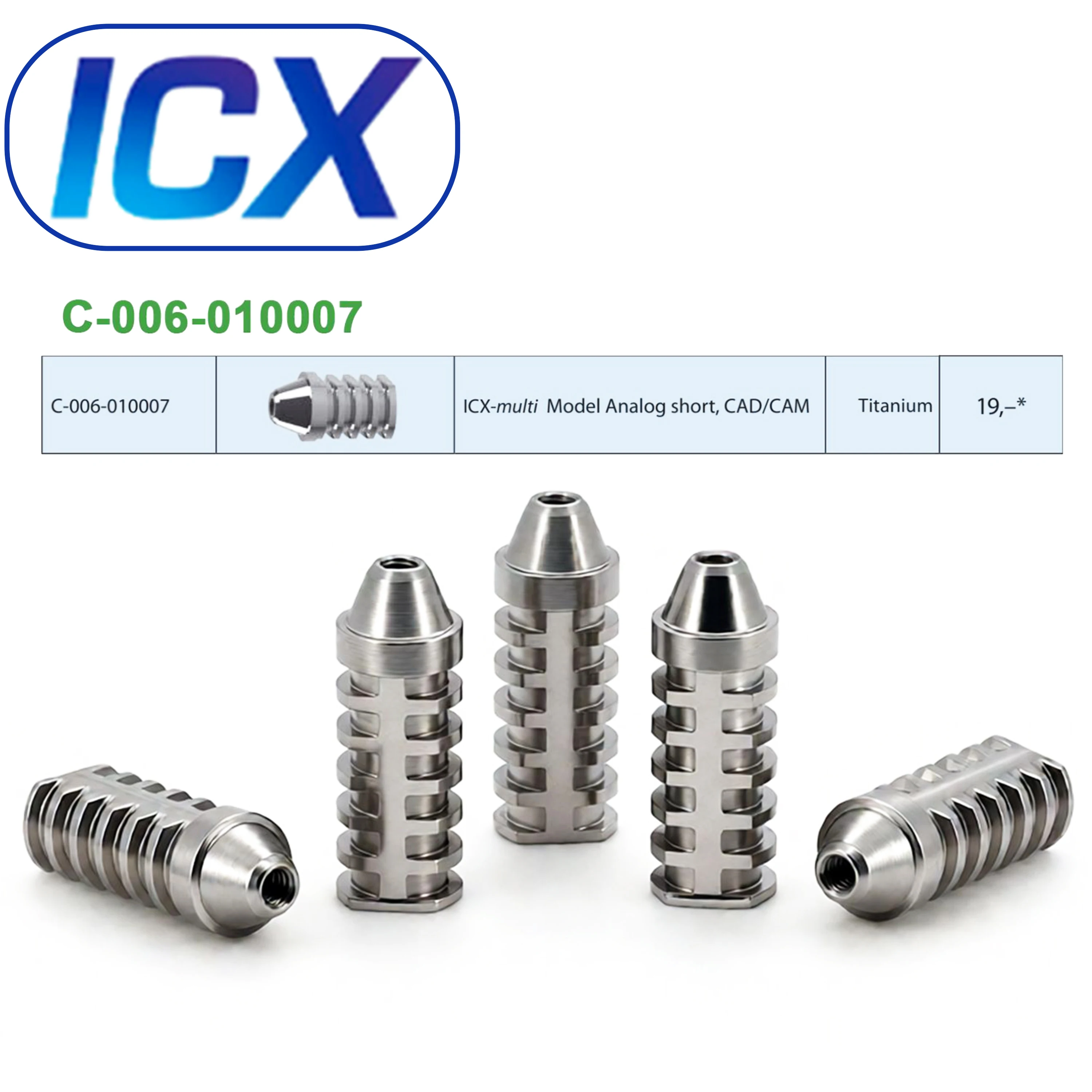 Para Sistema de Implantes ICX: Pilar de cicatrización dental, Tapa de cicatrización, Tornillo de cubierta, Analógico de laboratorio, Analógico digital, Pilar recto multiunidad