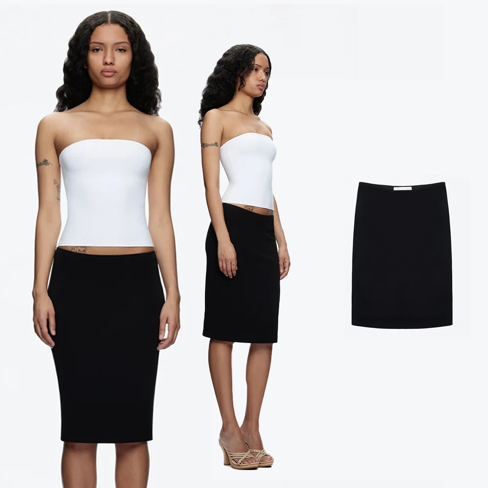 Falda con estampado de dólares estadounidenses, falda ajustada negra de cintura media-baja, tela de rayón de doble capa, falda de longitud media versátil, elástica y elegante de cintura baja que estiliza la figura.