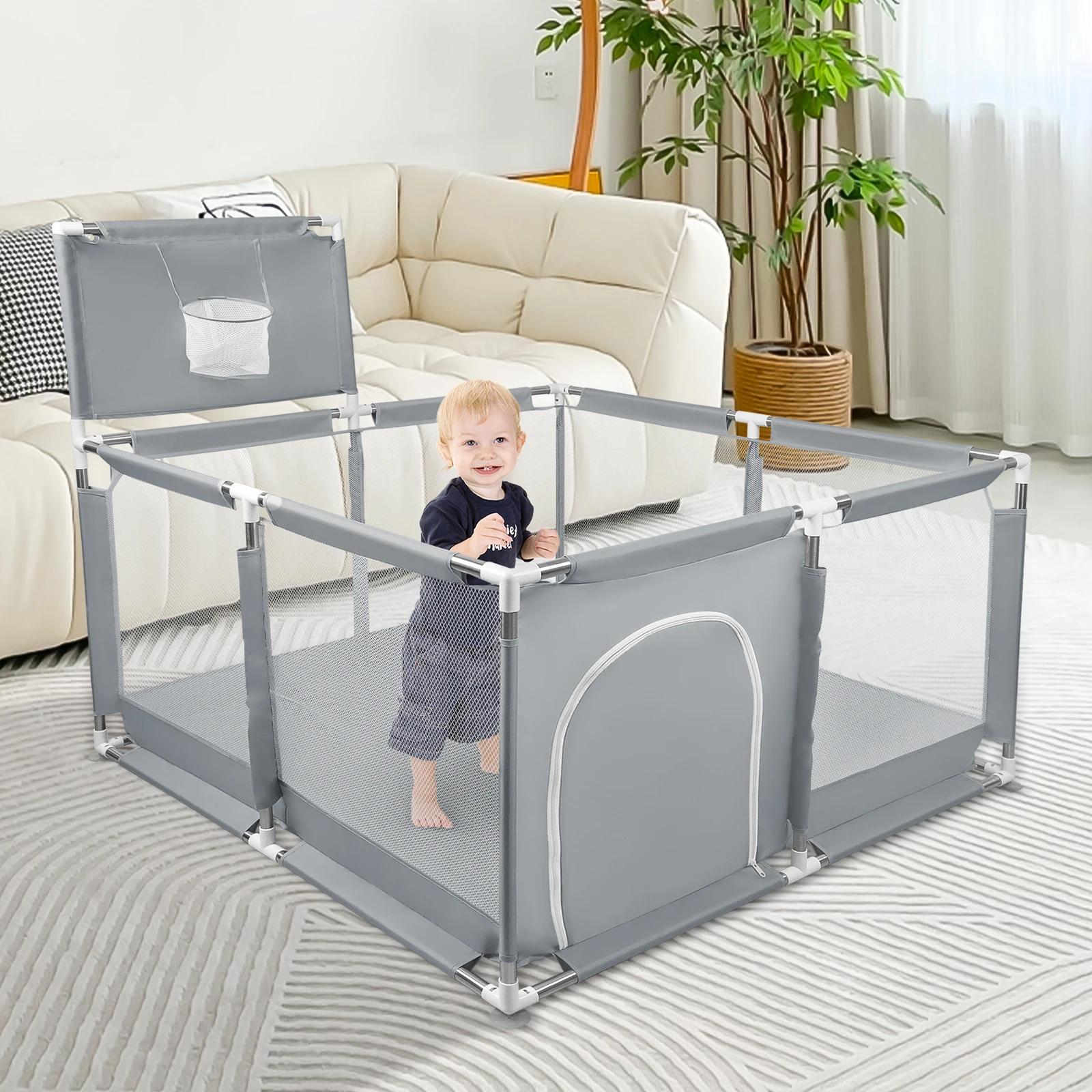 Corralito para bebés, corralito infantil, piscina de pelotas para bebés, con canasta de baloncesto, 126x126x66cm y como ayuda para caminar.