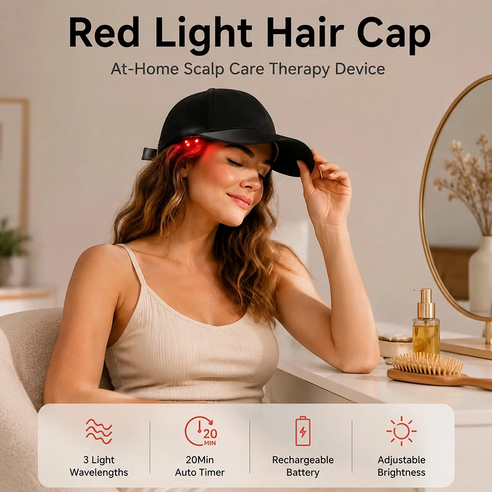 Gorro de luz roja para el cuidado del cuero cabelludo y el crecimiento del cabello, previene la caída del cabello, mejora la circulación sanguínea del cuero cabelludo, gorro de cuidado basado en luz LED para uso doméstico.