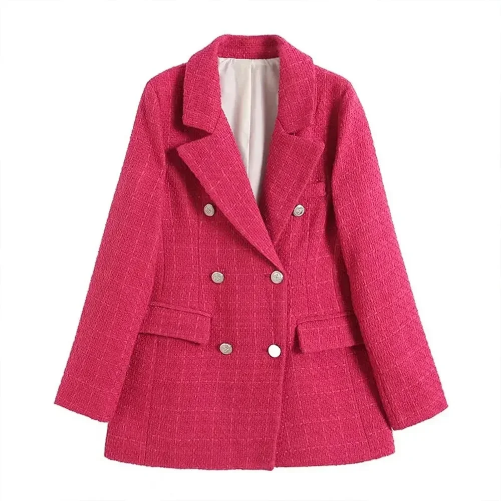 Traje texturizado solapa manga larga doble fila botón bolsillo decoración primavera y otoño nueva chaqueta de traje versátil para mujer