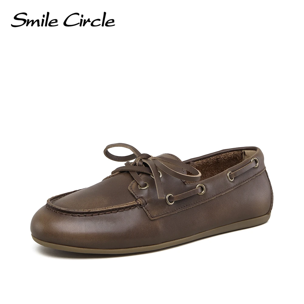 Zapatos náuticos Smile Circle, mocasines de cuero genuino para mujer, mocasines, zapatos planos con cordones