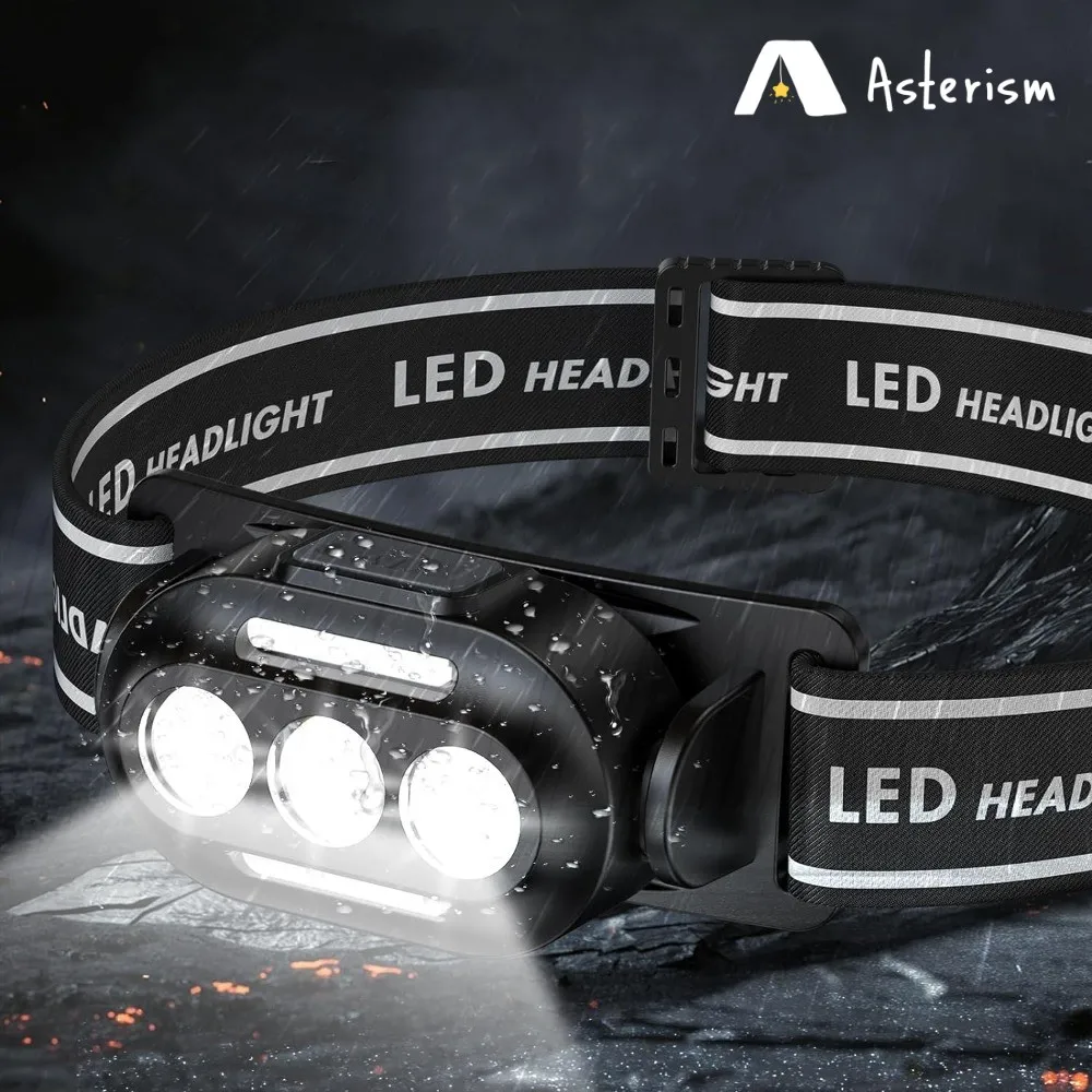 Linterna frontal Led recargable por Usb ultrabrillante con lámpara de cabeza blanca, roja y azul, resistente al agua IPX4