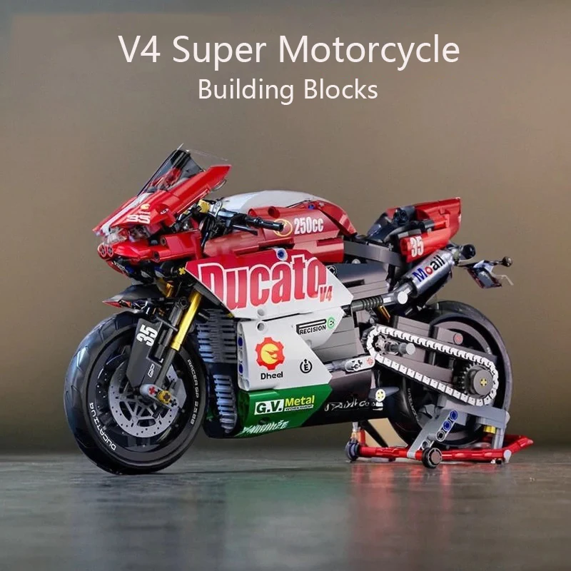 Famoso juego de bloques de construcción de motocicletas V4, kit de modelo de supermoto, carreras técnicas, juguetes técnicos ensamblados, regalos para niños y niñas