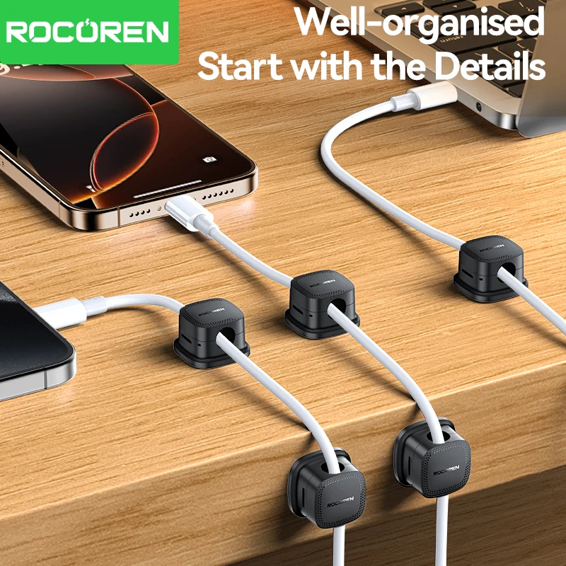 Rocoren-organizador de cables magnético, soporte de cables ajustable suave debajo del escritorio, gestión de cables estable, Clips para cables, 6 uds.