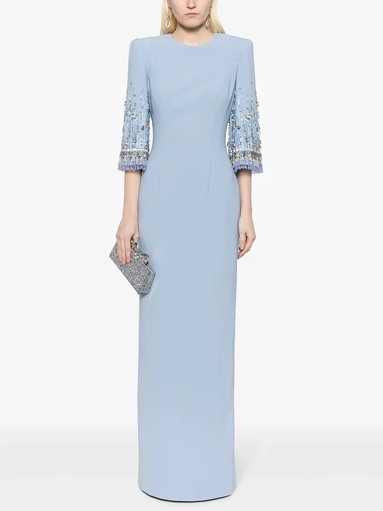 Vestido Largo Maxi de Diseñador de Alta Costura, Nueva Moda 2026, Primavera/Verano, con Media Manga y Cuentas Impresionantes para Mujer