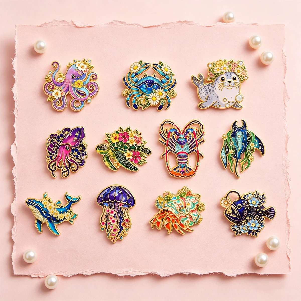 Juego de 11 broches de esmalte con diseño floral y de animales marinos, bonitos broches de ballena, pulpo y tortuga, insignias para mochila y solapa, accesorios de joyería, regalos
