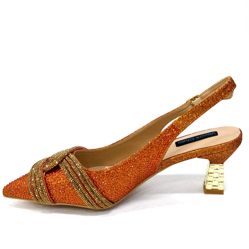 Venus Chan 2024, diseño especial, Color naranja de alta calidad, zapatos y Bolsa africanos para mujer con cristal brillante para fiesta de boda