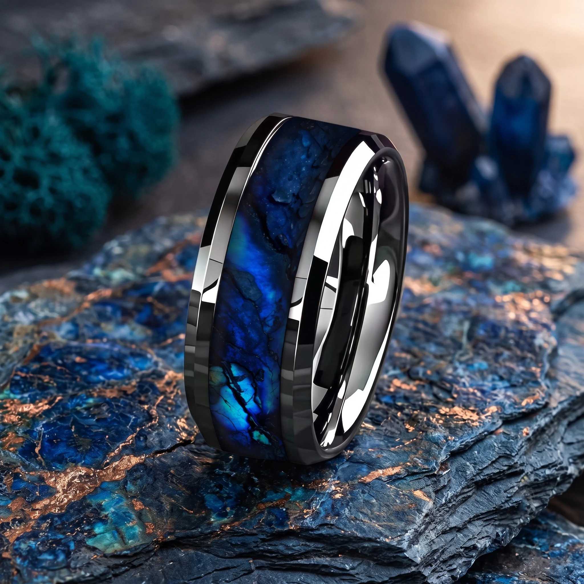 Anillo de Acero Inoxidable para Hombre SUNFLOWER 2026, Diseño de Cielo Estrellado Azul, Anillo de Boda Único, Resistente a la Decoloración, Pulido, con Doble Bisel