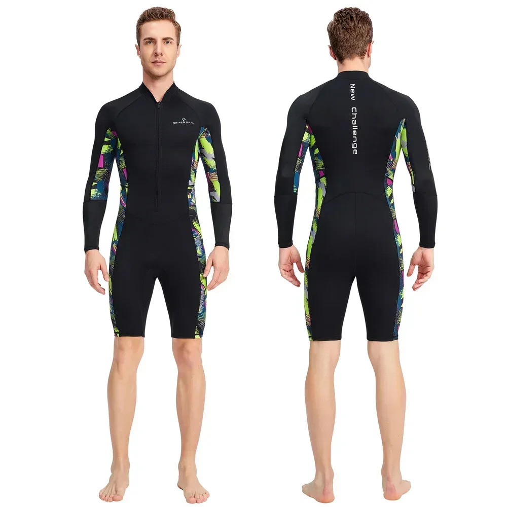 Traje de neopreno corto de 1,5mm para hombre, traje de buceo de manga larga de Lycra con cremallera frontal a prueba de rayos UV para snorkel subacuático, natación y surf