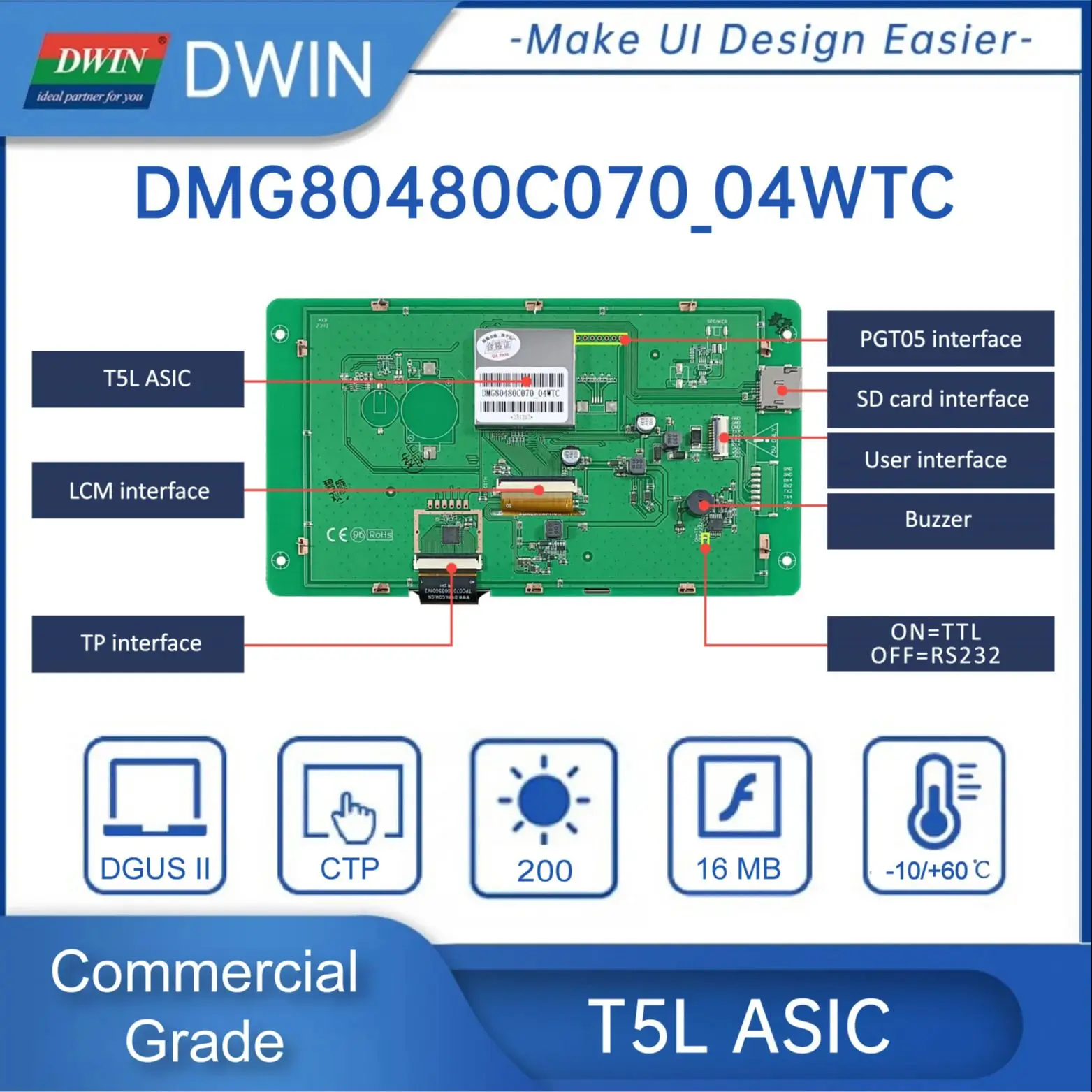 DWIN 7 pulgadas módulo LCD 800*480 RS232/TTL HMI pantalla de Panel táctil comercial pantalla inteligente UART TFT DMG80480C070-04W
