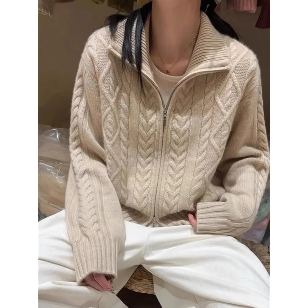 Cárdigan 100% de Cachemira para mujer, suéter suelto y suave de cuello alto para otoño e invierno, suéter tejido de lana, abrigo grueso