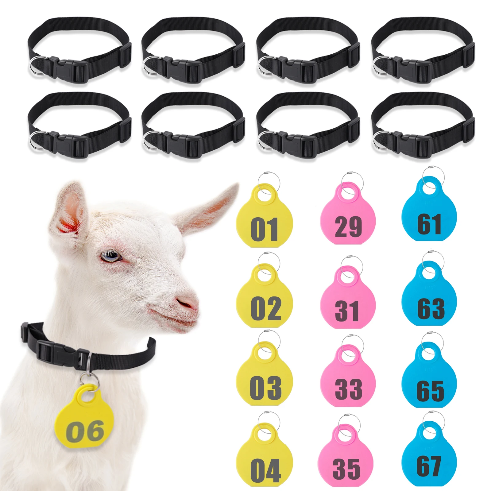 Collar de nailon ajustable para ganado de mascotas, etiqueta colgante con número de serie de doble cara para ganado de granja, animales, cabras, ovejas, 28 Uds.