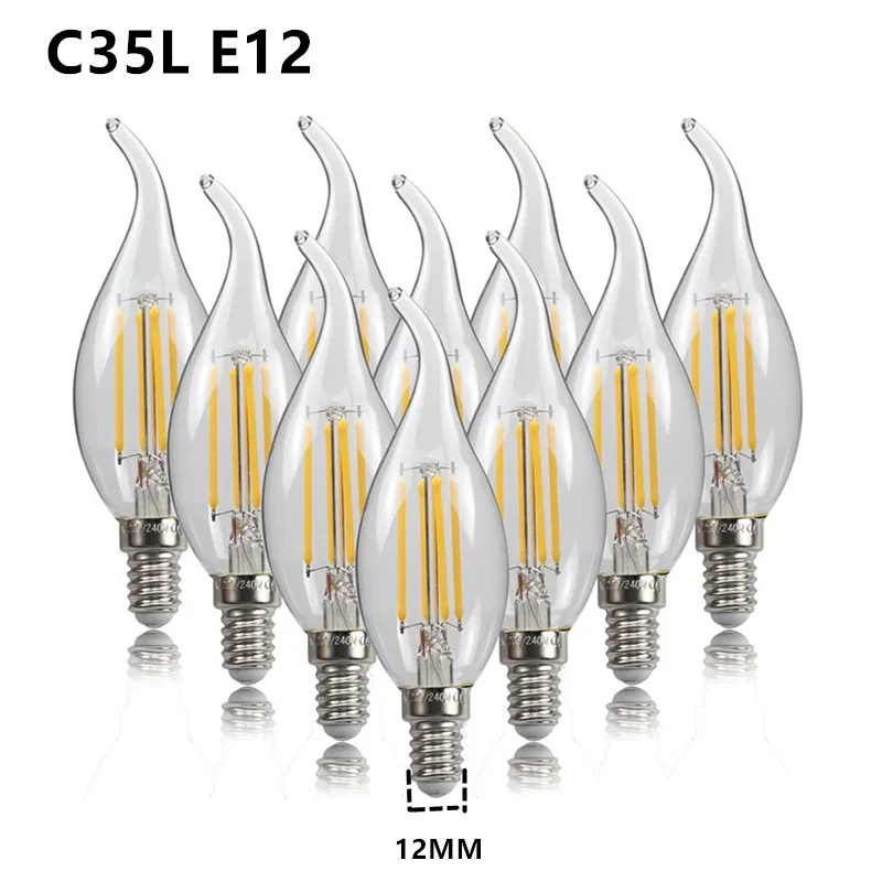 10 Uds bombilla LED C35 E14 E12 E27 220V 110V regulable 2W 4W 6W diseño vela de ahorro de energía luz de filamento blanco cálido lámpara de 360 grados
