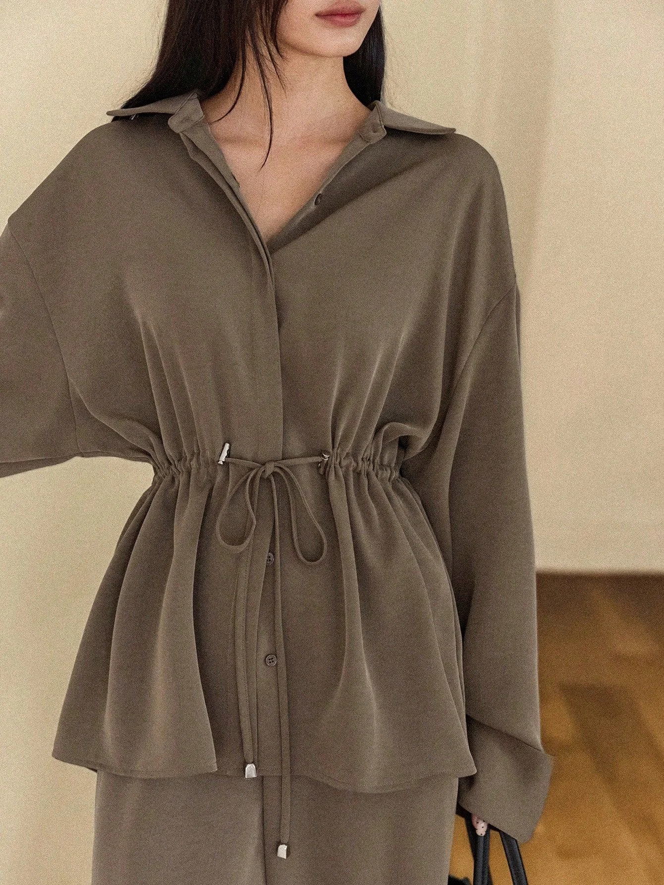 Conjunto de dos piezas elegante para mujer, camisa de manga larga con cordón en la cintura + pantalones de pierna ancha, ropa informal holgada para oficina