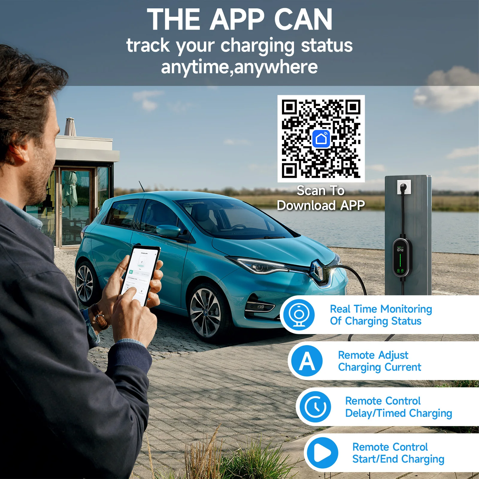 Cargador de coche eléctrico portátil EVSE de 3.5KW 16A Tipo 2, monofásico, con cable de carga para pared, control por WiFi y Bluetooth para uso doméstico.